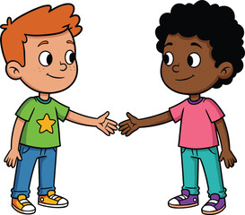 Cartoon children handshake, friendship illustration, diverse kids greeting, teamwork concept, cooperation drawing, happy boy girl smiling, unity education, cultural diversity, childhood communication