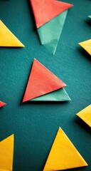 Paper triangles in yellow, red, and green on teal background