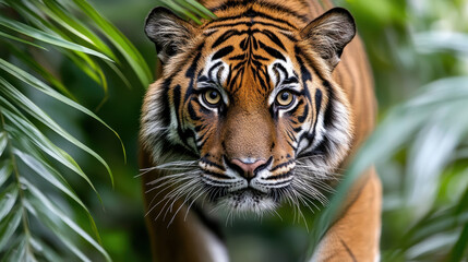 Fototapeta premium Majestic tiger walking through lush jungle with intense gaze, showcasing its powerful presence
