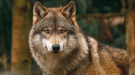 Medium close-up of a Grey Wolf in the forest. The wolf has dense grey-brown fur and a sharp-set face. Amber eyes stare straight ahead. The background is a forest filled with pine trees and dark green 