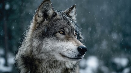 Obraz premium Medium close-up of a Grey Wolf in the forest. The wolf has dense grey-brown fur and a sharp-set face. Amber eyes stare straight ahead. The background is a forest filled with pine trees and dark green 