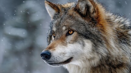 Fototapeta premium Medium close-up of a Grey Wolf in the forest. The wolf has dense grey-brown fur and a sharp-set face. Amber eyes stare straight ahead. The background is a forest filled with pine trees and dark green 
