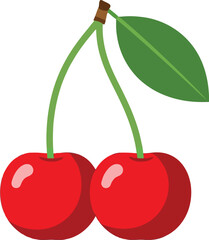 Ripe red cherries on stems with green leaf fresh fruit vector