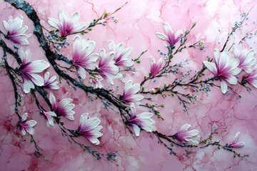 Artistic floral depiction of white and pink magnolias with blue accents on a marbled pink background