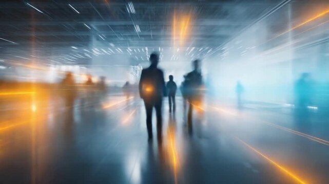 Dynamic Business Momentum: Silhouette of business professionals walking purposefully in a modern, streamlined environment, symbolizing the fast-paced flow of business and innovation.