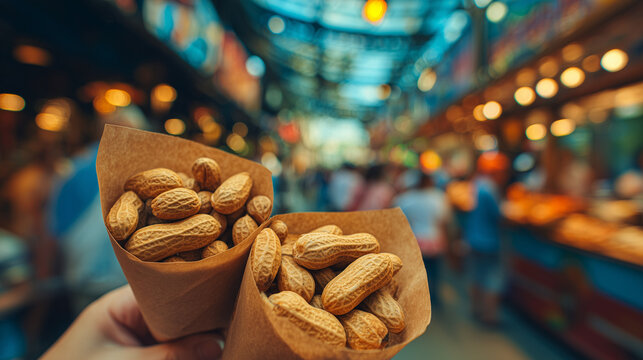 Paper cones filled with fresh peanuts held at a colorful food market during the National Peanut Festival fair celebration in Alabama USA.