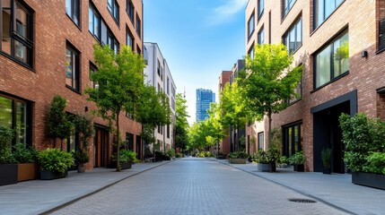 Fototapeta premium Modern urban street with stylish apartment buildings and lush greenery creates serene atmosphere