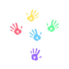 Colorful Handprints with Heart Shapes on White Background.