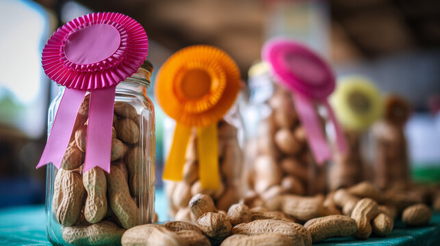Peanuts in glass jars with colorful prize ribbons displayed at National Peanut Festival agricultural competition