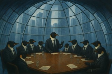 "Surreal Penguin Business Meeting in Futuristic Glass Dome City"
