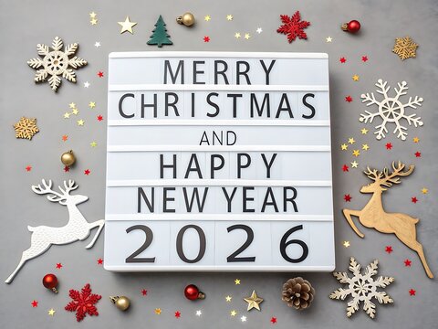Lightbox message reads “Merry Christmas and Happy New Year 2026” surrounded by tiny ornaments