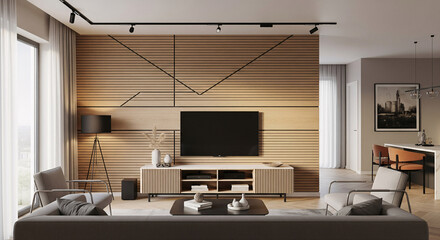 A modern living room in with Tv-cabinet and Wall panelling