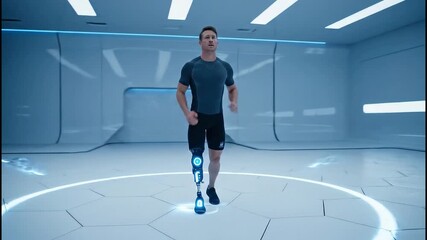 Man with prosthetic leg running in futuristic studio - Powered by Adobe