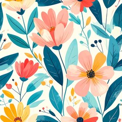 Fototapeta premium Vibrant Illustrated Flowers and Leaves Pattern