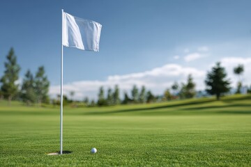 Golf Flagstick. Blank Flagstick at Putting Green Hole on Golf Course