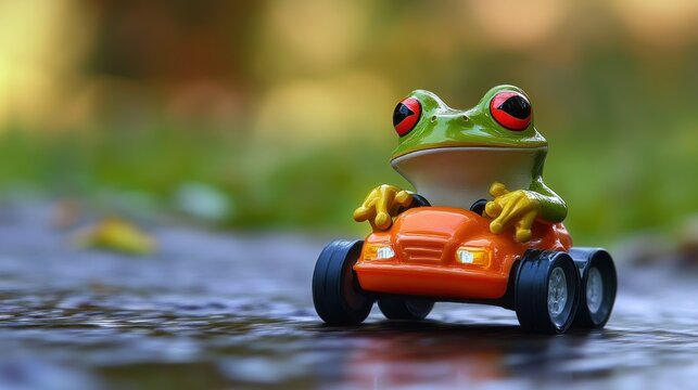 Cartoon frog driving a toy car, exaggerated wheels, playful expression