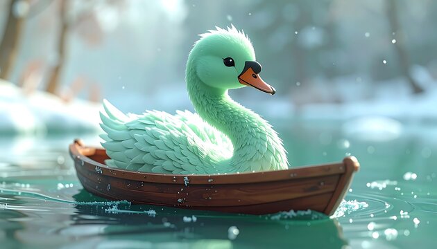 Cute mint-green swan in a small wooden boat on a winter lake