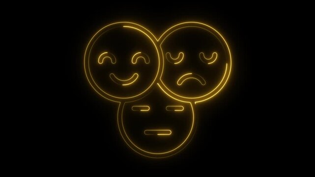 Emotional spectrum. Mood swings icon. Happy sad neutral. Yellow neon emoji. Human psychology. Bipolar concept. Mental health art. Feeling variations. Face mask symbol. Multiple emotions.
