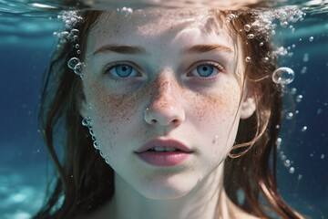 A breathtaking underwater portrait that beautifully captures the essence of beauty, freckles, and serene expressions
