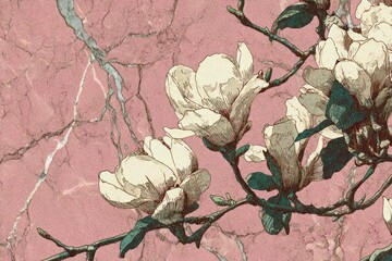 Detailed floral artwork features magnolia blossoms on branching stems against a pink marble backdrop