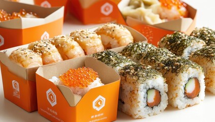 Assorted sushi and rolls in orange takeout containers