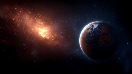 Obraz premium The image depicts a view of planet Earth with city lights glowing, set against a backdrop of a fiery nebula and scattered stars, creating a stunning cosmic vista.