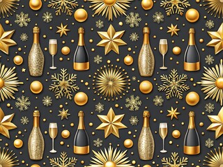 A glamorous seamless celebration pattern mixing champagne bottles, flutes, stars, and snowbursts in gold on a deep backdrop—crafted for wrapping, packaging, textiles, posters, invitations, and luxe Ne