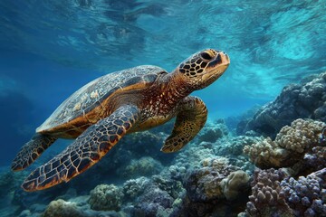 Fototapeta premium Green Turtle Maui. Underwater Diving Adventure with Sea Turtle on Maui's Coral Reef