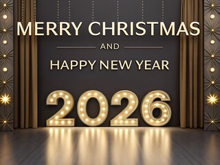 Lightbox-style “Merry Christmas and Happy New Year 2026” with champagne, balloons and gold confetti on a matte charcoal backdrop—cinematic greeting scene perfect for storefront windows, luxury parties