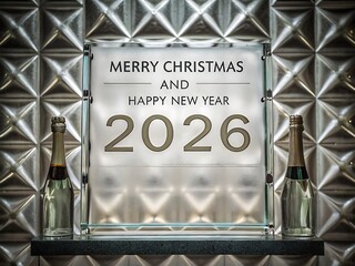 Playful “Merry Christmas and Happy New Year 2026” on soft silver gradient with stars, fireworks and tiny trees—cheerful family-friendly greeting artwork ideal for posters, kids’ events, school concert