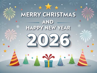 Playful “Merry Christmas and Happy New Year 2026” on soft silver gradient with stars, fireworks and tiny trees—cheerful family-friendly greeting artwork ideal for posters, kids’ events, school concert