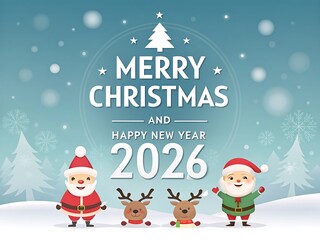 Merry Christmas and Happy New Year 2026 in a soft blue winter scene with snowfall, pine trees, and two cheerful Santas—friendly, kid-safe holiday artwork for posters, school events, mall promos, socia