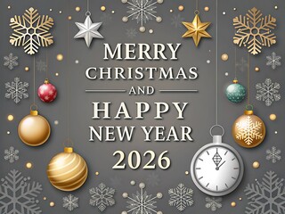 Classic gray Merry Christmas and Happy New Year 2026 greeting with stars, baubles, pocket watch, and ornate flourishes; a refined seasonal card suited for corporate communications, elegant announcemen