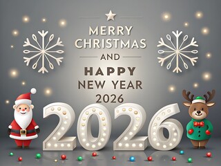 Glowing gray Merry Christmas and Happy New Year 2026 poster with large illuminated numerals, snowflakes, ornaments, and soft bokeh; a cheerful seasonal design for social media, ads, invitations, newsl