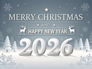 Frosty silver Merry Christmas and Happy New Year 2026 composition with star, deer icons, snowy trees, and glossy three-dimensional numerals; a calm winter postcard aesthetic for elegant brand greeting