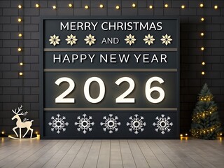 Merry Christmas and Happy New Year 2026 marquee board with string lights, bold date panels, and decorative snowflakes; a cinematic night-scene greeting ideal for event promotions, venue signage, conce