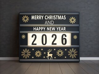 Merry Christmas and Happy New Year 2026 lightbox sign with vintage marquee styling, snowflake icons, reindeer detail, and bold numeric date; a cozy indoor holiday greeting perfect for posters, storefr