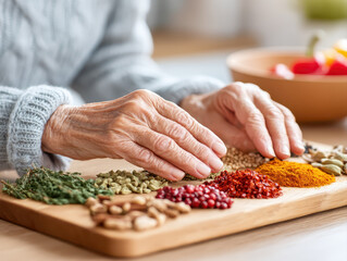 Elderly hands gently touch assorted spices and herbs on wooden board, symbolizing longevity, wellness, natural healing, healthy lifestyle, and traditional culinary wisdom in cozy home setting
