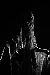 Mysterious creature with skull in smoke under the blue night light for Halloween