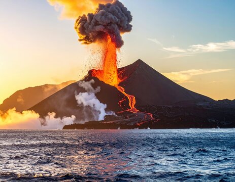 Volcano erupting, lava flowing into ocean at sunset