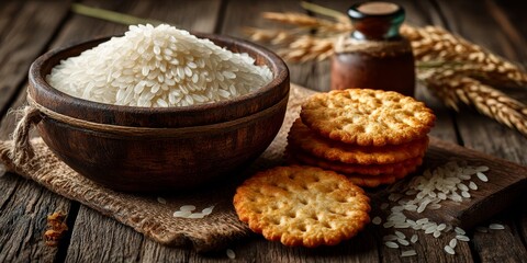 A wooden bowl of rice sits beside stacked crackers  wheat set on burlap atop rustic wood A small bottle is behind the crackers
