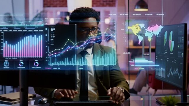 A focused professional analyzes complex data visualizations on multiple screens, showcasing innovative analytics and business intelligence in a modern workspace setting. - Powered by Adobe