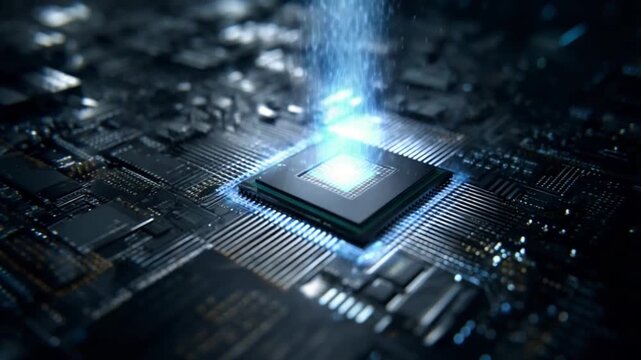 Digital Core: A hyper-realistic depiction of a cutting-edge computer microchip, highlighted with an ethereal blue glow that emphasizes its technological intricacy and innovative potential.