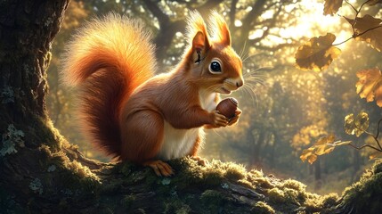 Squirrel Holding Acorn in Forest
