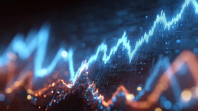 Digital Financial Trends: Dynamic neon lines illustrate fluctuating market trends, symbolizing the ebb and flow of finances in a modern, tech-driven economy. A visual representation of investment.