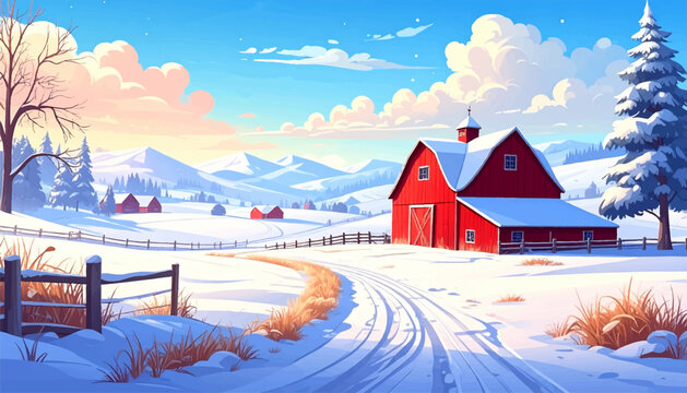 Red barn farm in snowy winter landscape