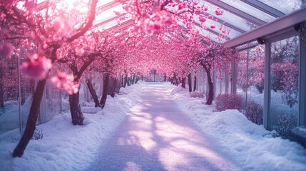 A serene path surrounded by blooming cherry blossoms leads through a winter wonderland. Nature inspires tranquility and beauty every season. Generative AI