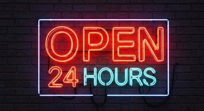 Glowing "OPEN 24 HOURS" neon sign mounted on a brick wall - Powered by Adobe