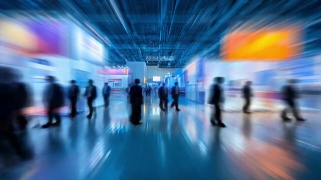 Dynamic Exhibition Crowd: An energetic, vibrant crowd explores a modern exhibition space, a blur of movement against a backdrop of informational displays and architectural lighting.