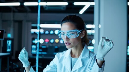 A focused scientist in a lab coat and protective eyewear interacts with advanced data displays, showcasing modern technology in scientific research and innovation. - Powered by Adobe